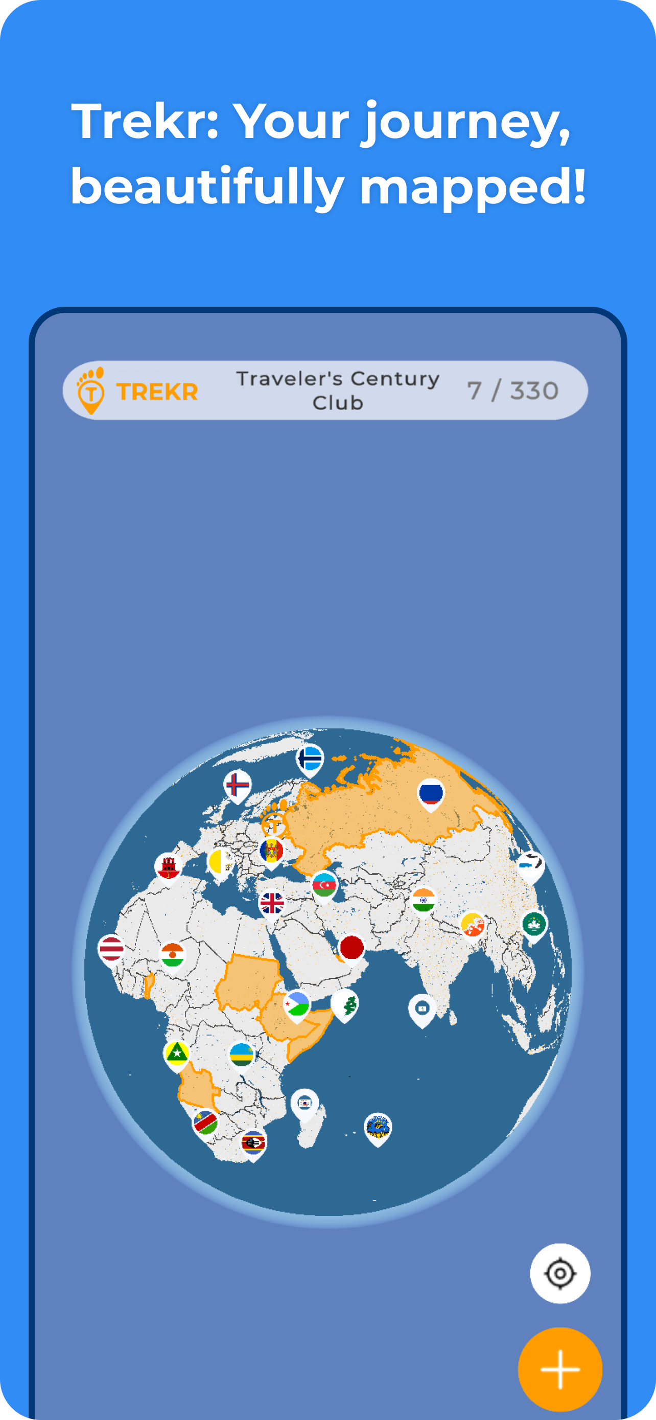 Trekr world map of countries visited with travel markers