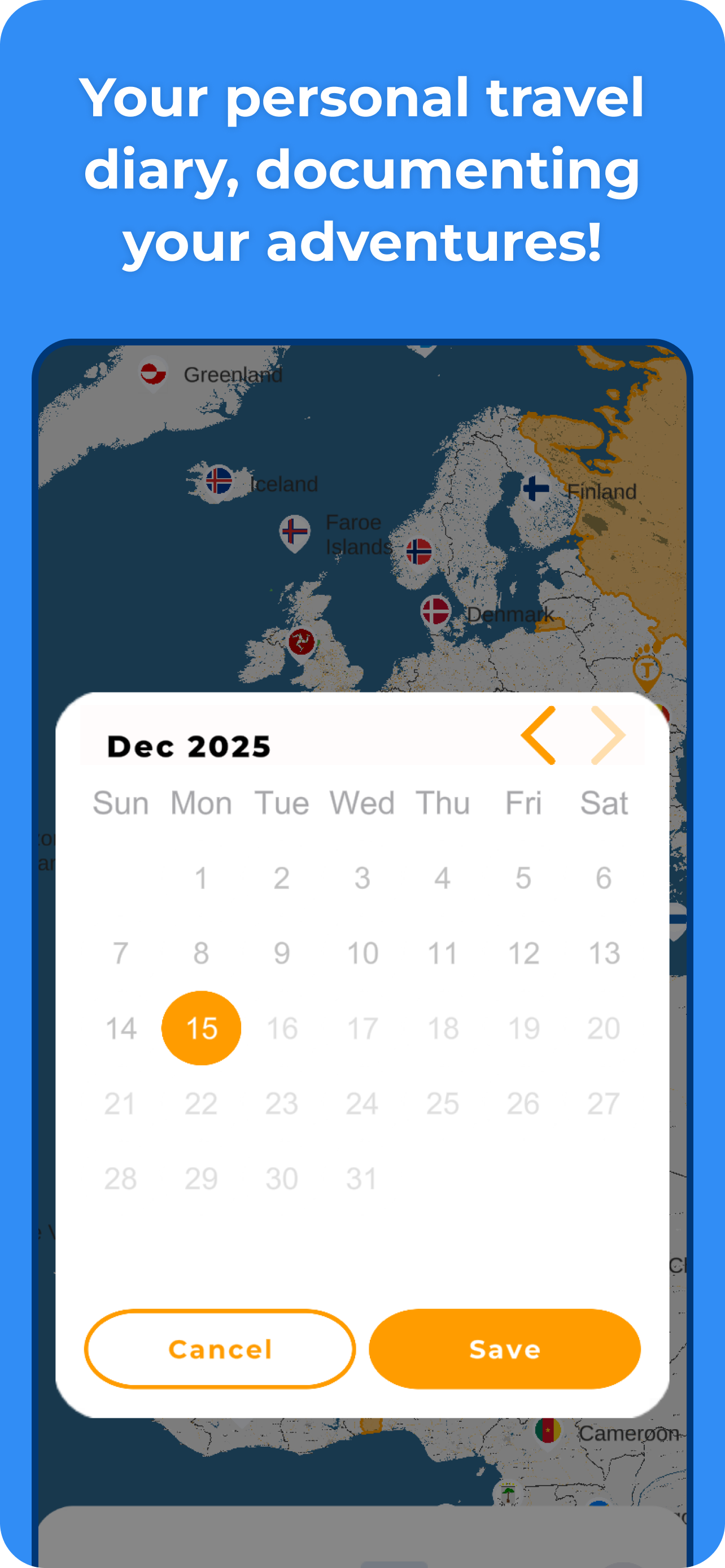 Trekr visit date picker on the travel map