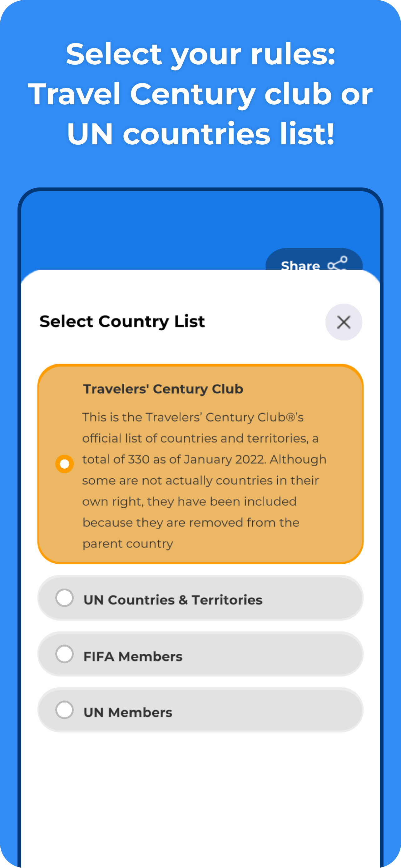 Trekr UN and TCC country list selection options