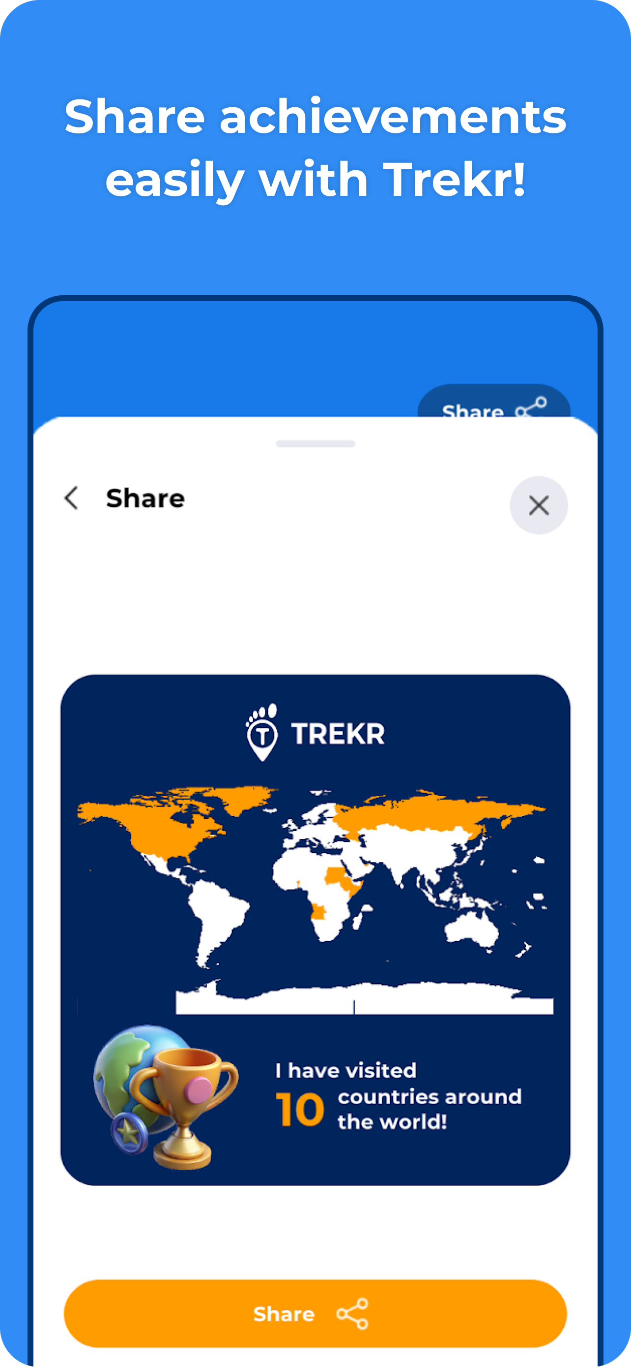 Trekr shareable travel progress card with countries visited